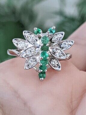 14K White Gold Diamond And Emerald Dragonfly Ring